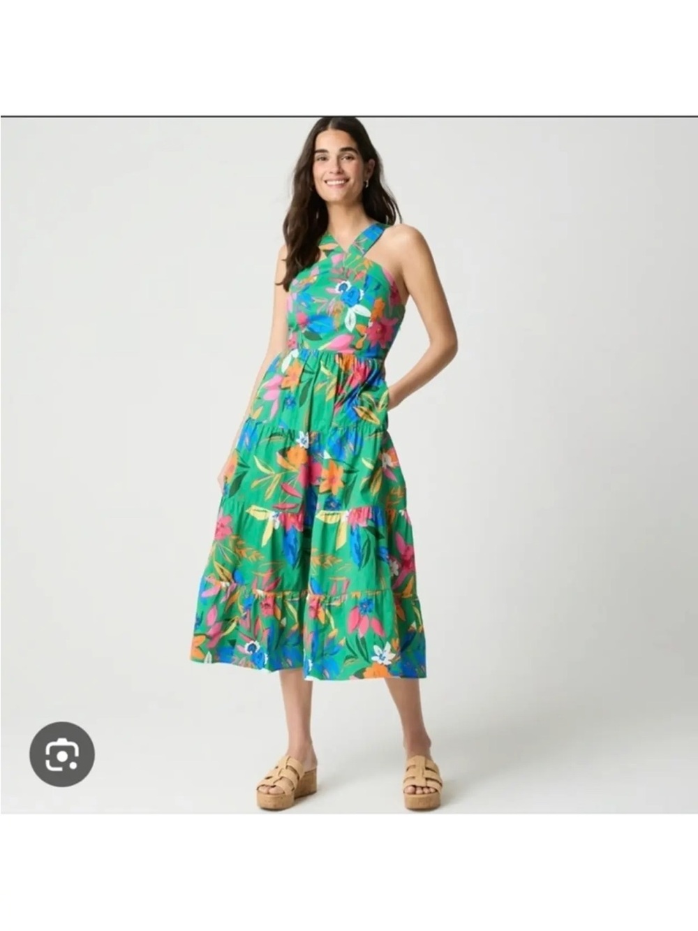 J. Crew Factory Green Floral Halter Midi Dress with Multicolor Blooms